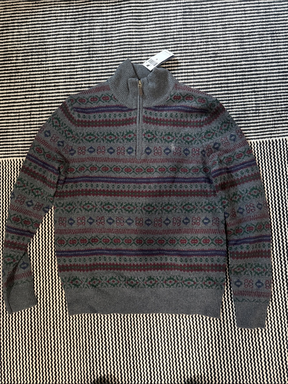 NWT Polo Ralph Lauren Gray FairIsle quarter Zip wool cashmere Sweater